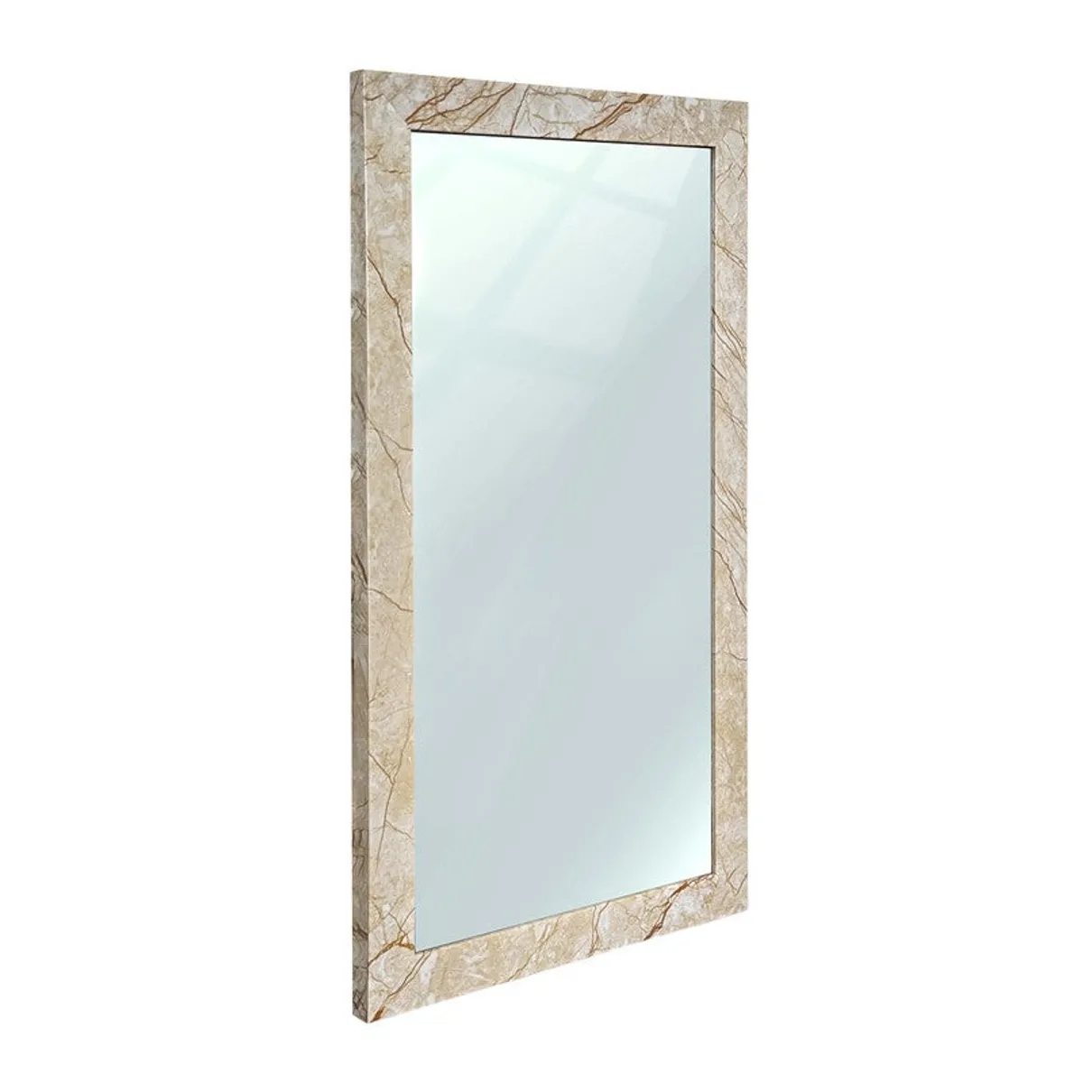 Angled view of a rectangular beige marble-finish wall mirror
