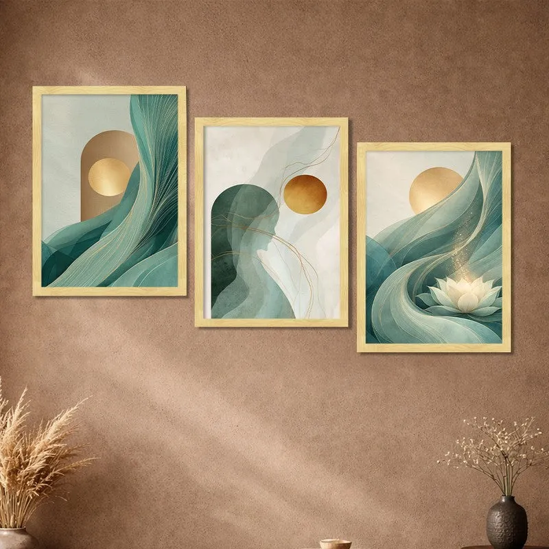 Teal & Terrene Paper Wall Painting With Frame - Set Of Three media 5