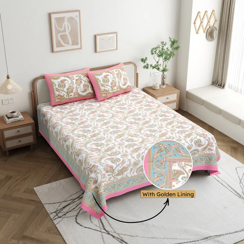 Bloom Cotton Bedsheet (White,Pink) - 180 GSM media 1