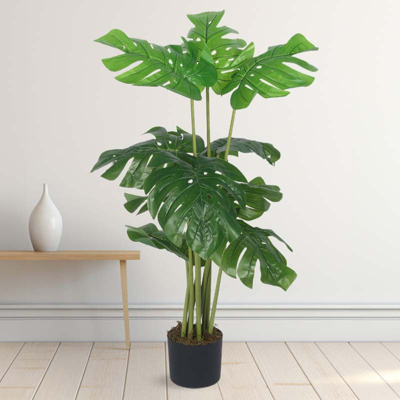 Faux Lush Swiss Cheese Monstera Plant With Black Plastic Pot - 4 Feet media 3