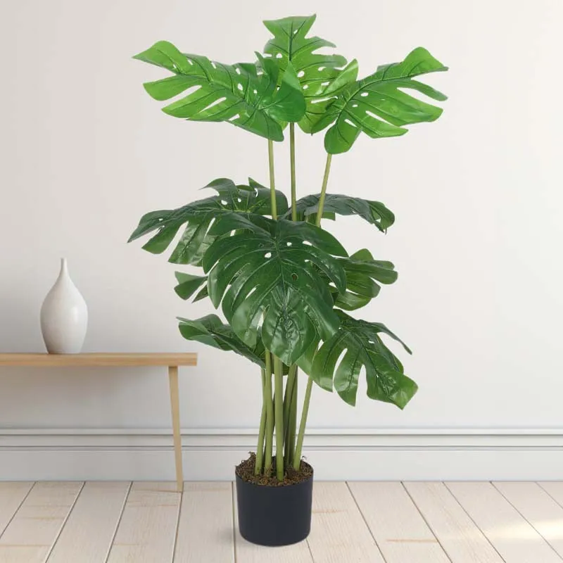 Faux Lush Swiss Cheese Monstera Plant With Black Plastic Pot - 4 Feet media 3