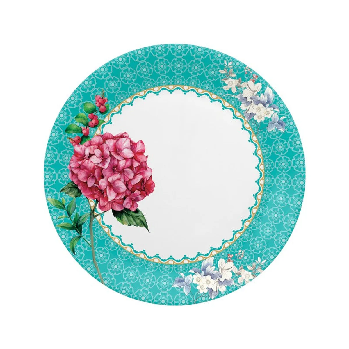 Top view of a turquoise plate with pink flowers and a decorative border