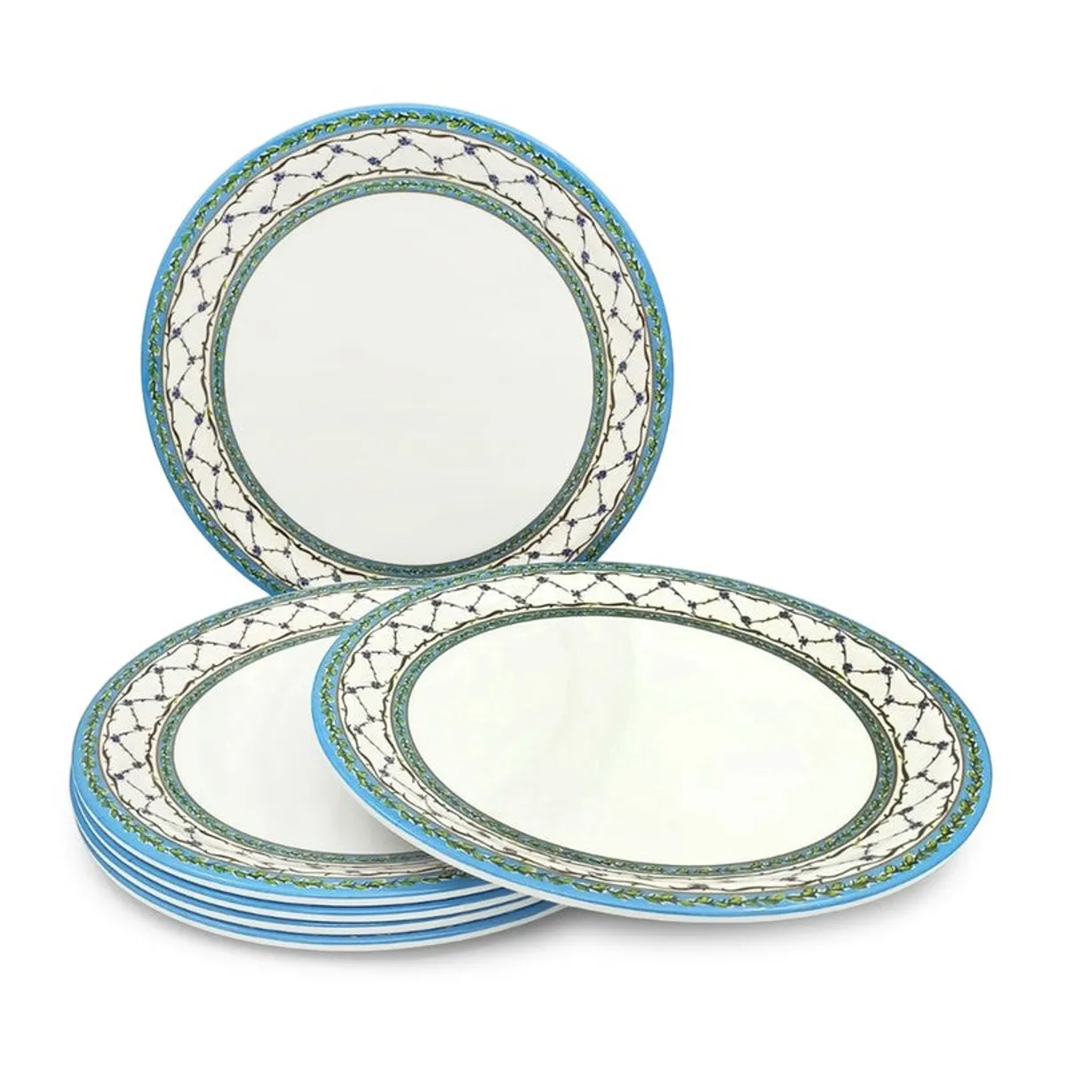 Six blue and white patterned dinner plates arranged in a stack