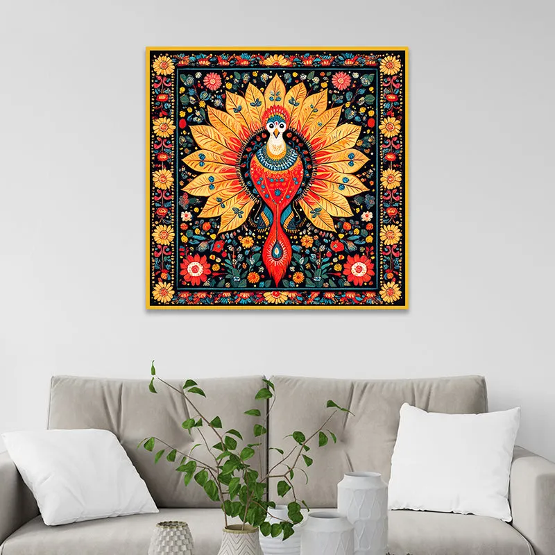 Peacock Trance Canvas Wall Painting With Frame - Gold media 1
