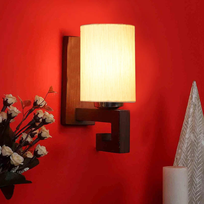 Milky Cylindrical Wooden Wall Lamp