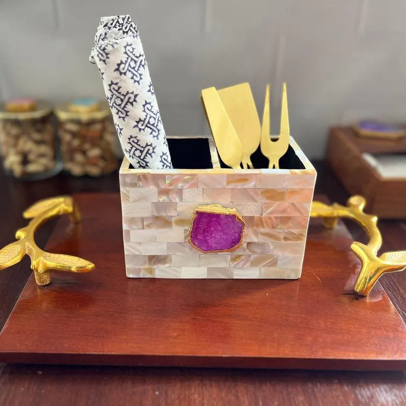 Suzzaine Handcrafted Mother Of Pearl & Agate Cutlery Holder - Pink & Beige media 3