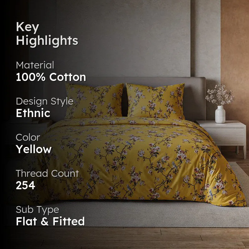 Cherry Blossom Floral Cotton Bedsheet (Mustard Yellow) - 254 TC media 2