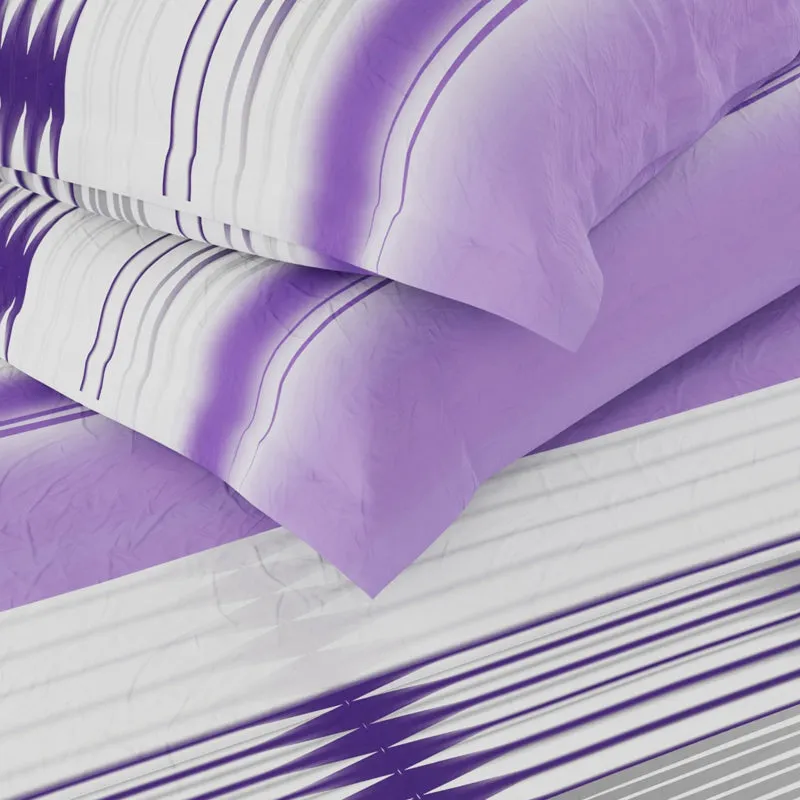 Close-up of purple bedding fabric with white and grey linear abstract design