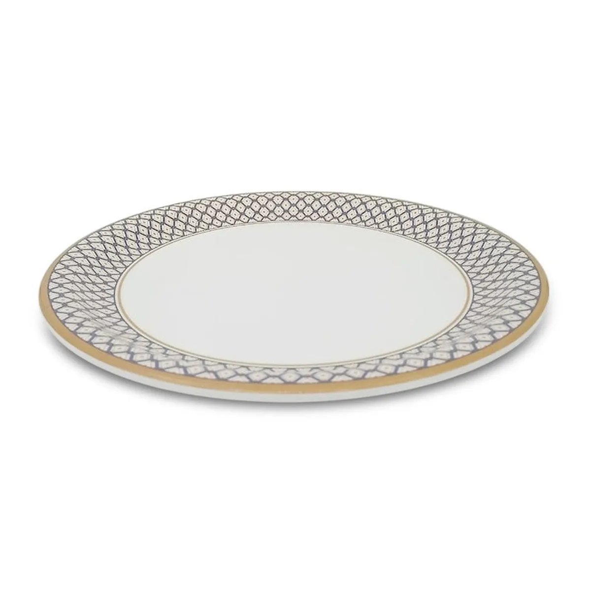 Low side view of a white dinner plate with blue patterned rim