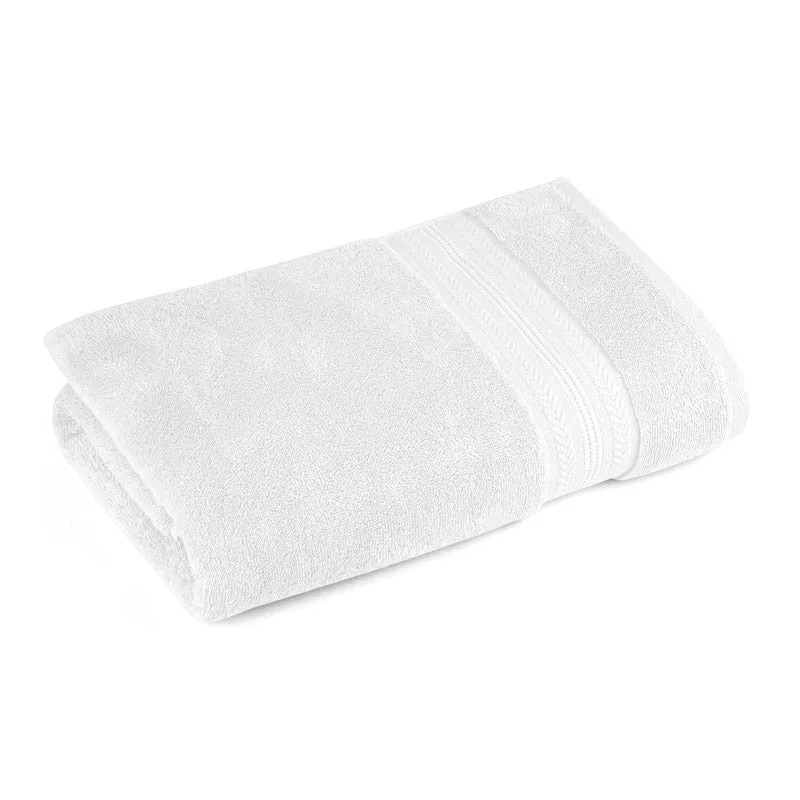 Folded white bath towel displayed against a clean white background.