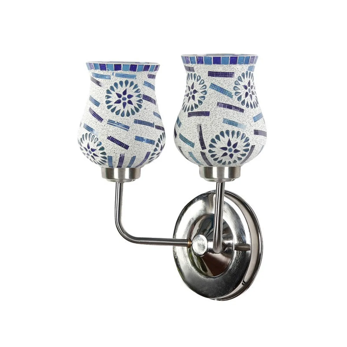 Angled view of dual-shade mosaic glass wall lamp with steel mount
