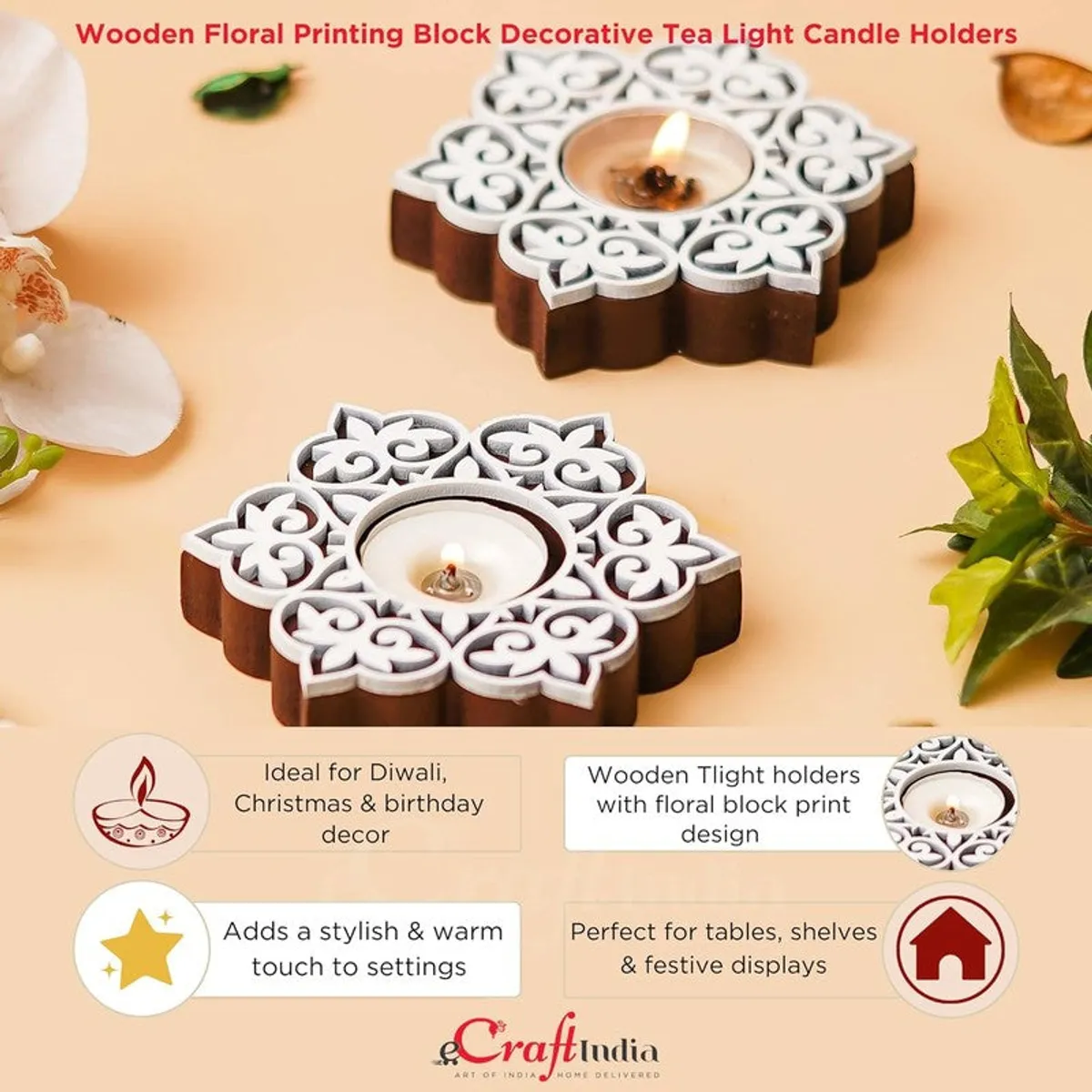 Brown and white floral tea light holders shown in a styled setting
