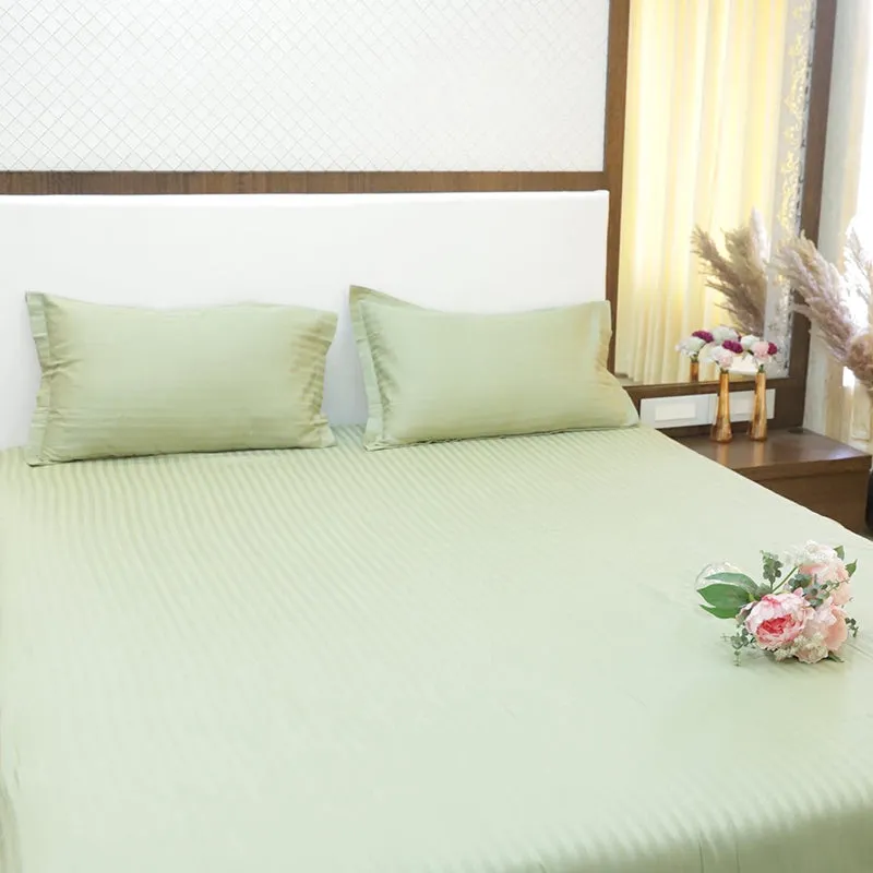 Le Coton Striped Solid Cotton Bedsheet (Olive Green) - 250 TC media 3