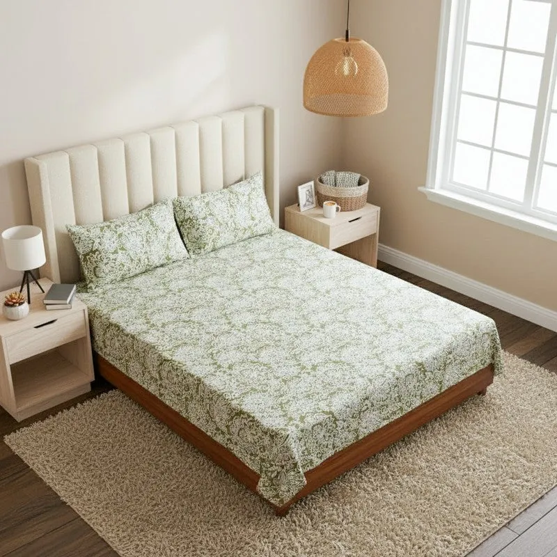 Champa Floral Cotton Bedsheet (Sage Green) - 200 TC media 1