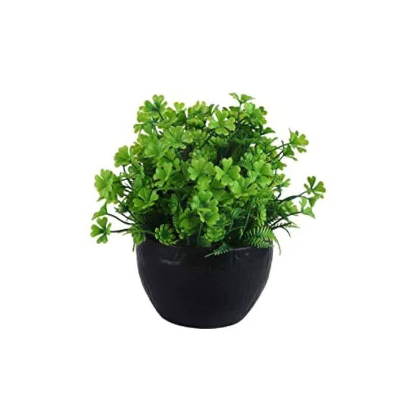 Lush green faux plant with rounded foliage in a black pot on a white background.