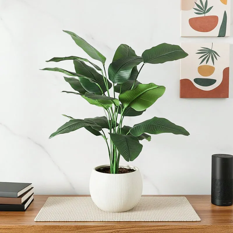 Faux Green Palm Plant With Black Plastic Pot - 2.62 ft media 1