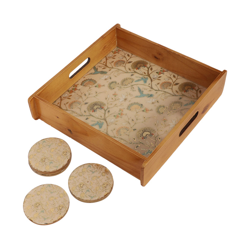 Blossom Glow Wooden Serving Tray With Coaster - Seven Piece Set media 3