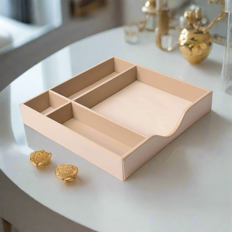 Veltrix Cube Faux Leather Desk Organiser - Beige