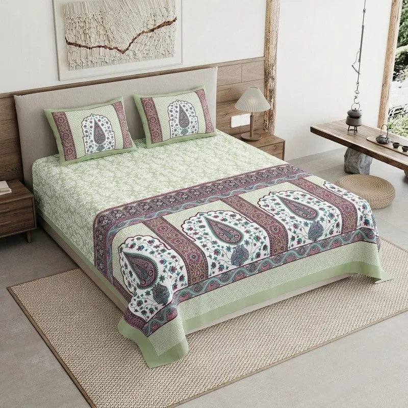 Ethnic Glow Cotton Bedsheet (Green,Brown) - 120 TC media 1