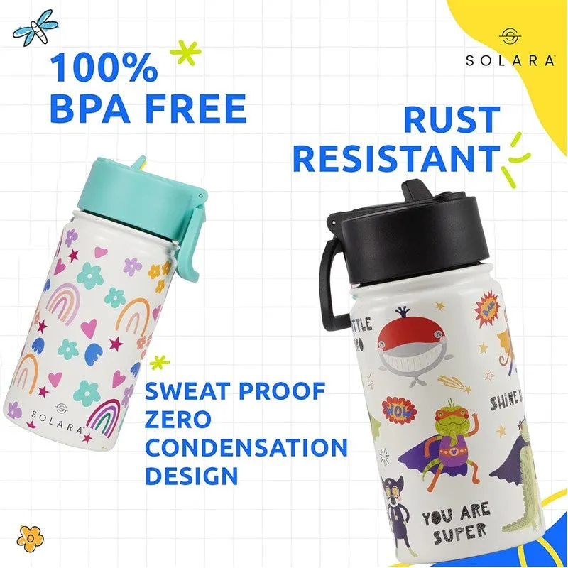 Two illustrated kids bottles shown with playful promotional graphics