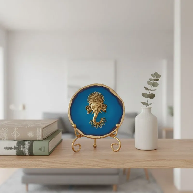Ganesha Grace Agate Showpiece With Stand - Blue & Gold media 4