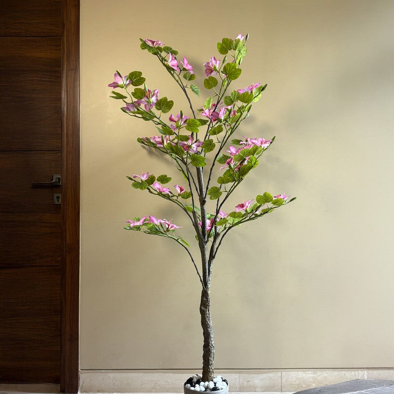 Bauhinia Artificial  Plant With Black Plastic Pot (Pink,Green) - 160 cm (5.2 ft) media 3