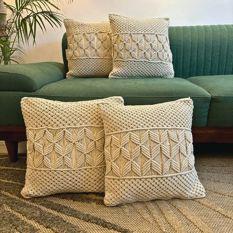 Studio String Macrame Knotwork Cotton Cushion Cover - Set Of Four media 1