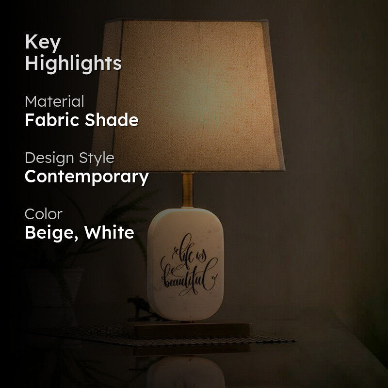 Life Light Printed Marble & Brass Base Fabric Table Lamp - Beige,White media 2