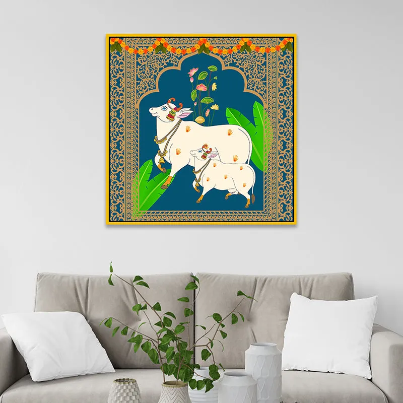 Calf's Care Canvas Wall Painting With Frame - Gold media 4
