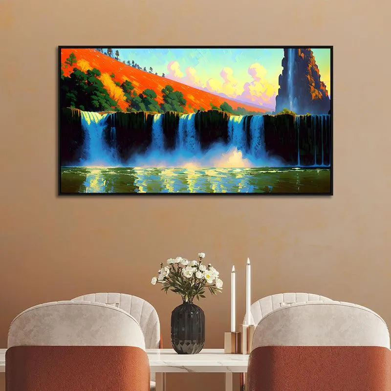 Country Waterfalls Landscape Canvas Wall Painting With Frame - Black media 1