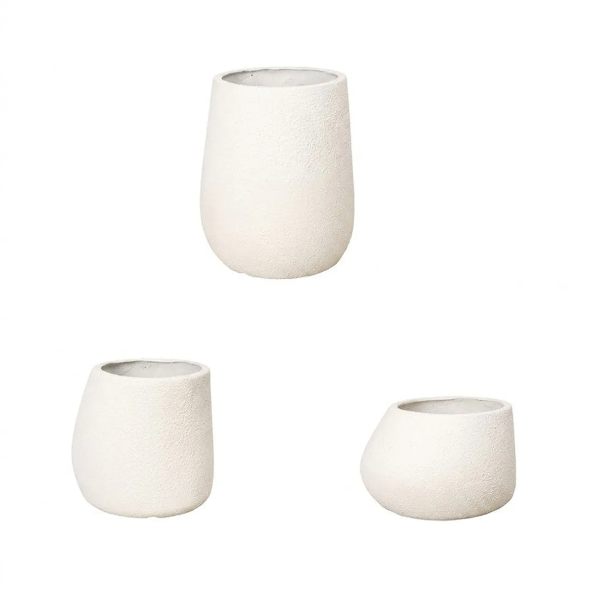 Three white planter size options shown together against a plain background