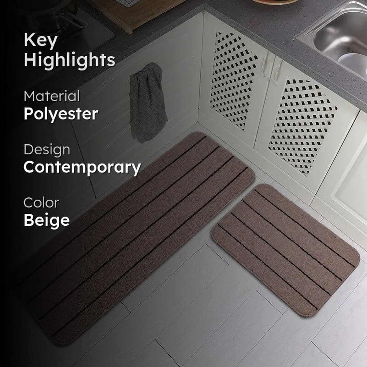 Two beige striped kitchen mats styled in a contemporary kitchen