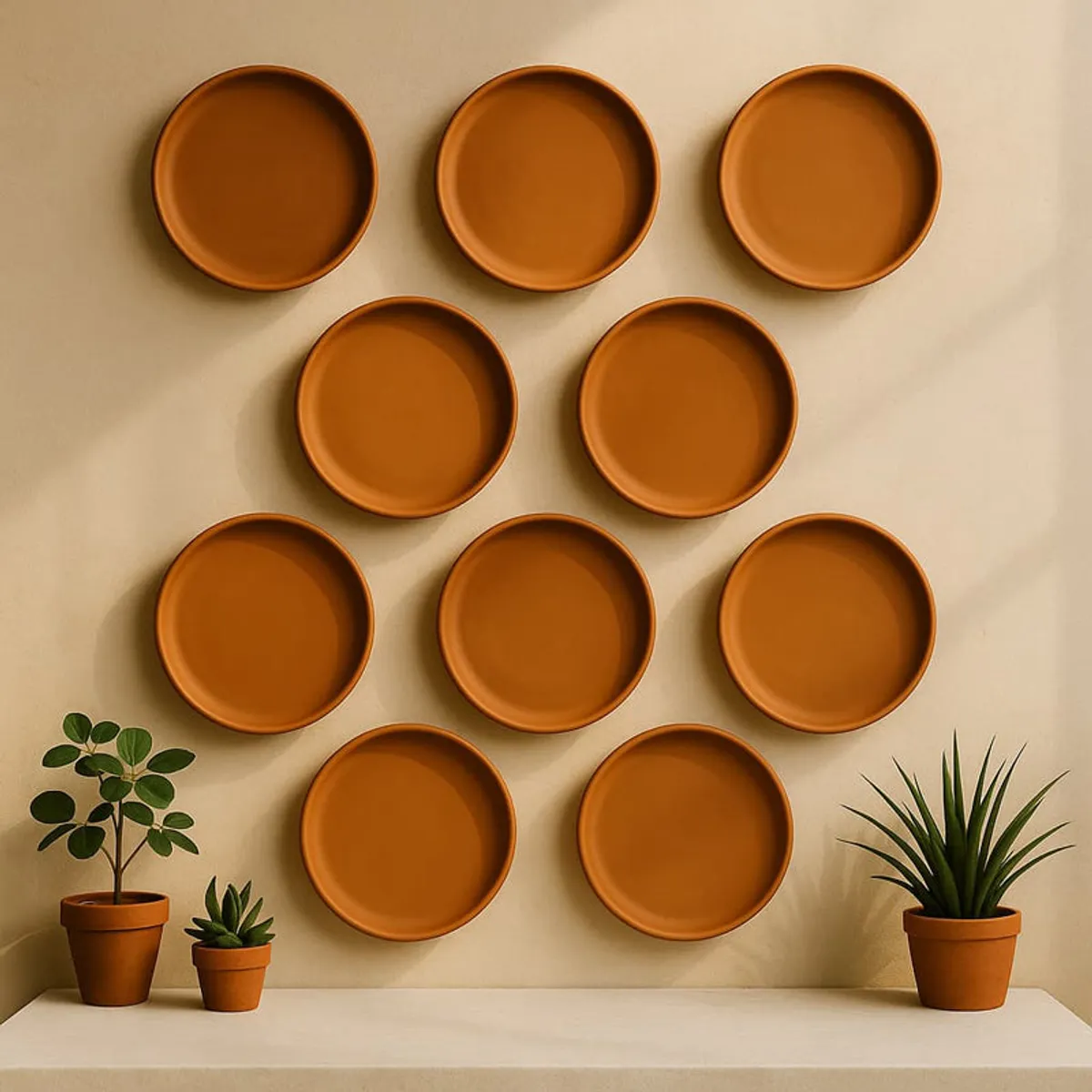 Ten brown terracotta wall plates arranged on a neutral wall with potted plants