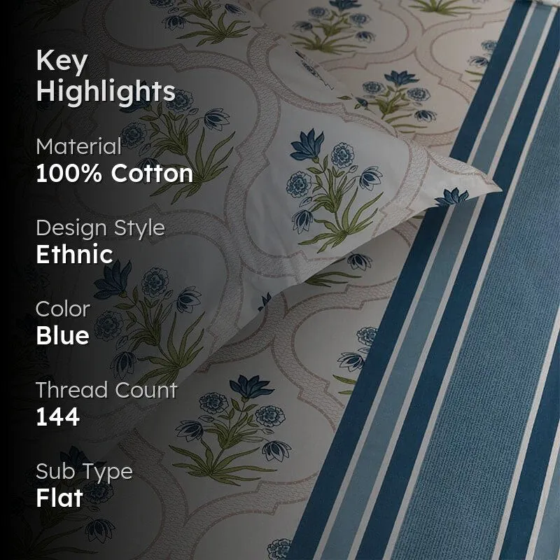 Imara Flora Cotton Bedsheet (Blue) - 144 TC media 2