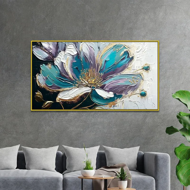 Shades Of Blue Brushstrokes Floral Canvas Wall Painting With Frame - Gold media 1