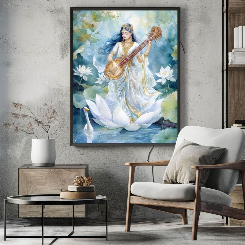 Veena Vaadhini Spiritual Archival Paper Wall Painting With Frame - Black media 3