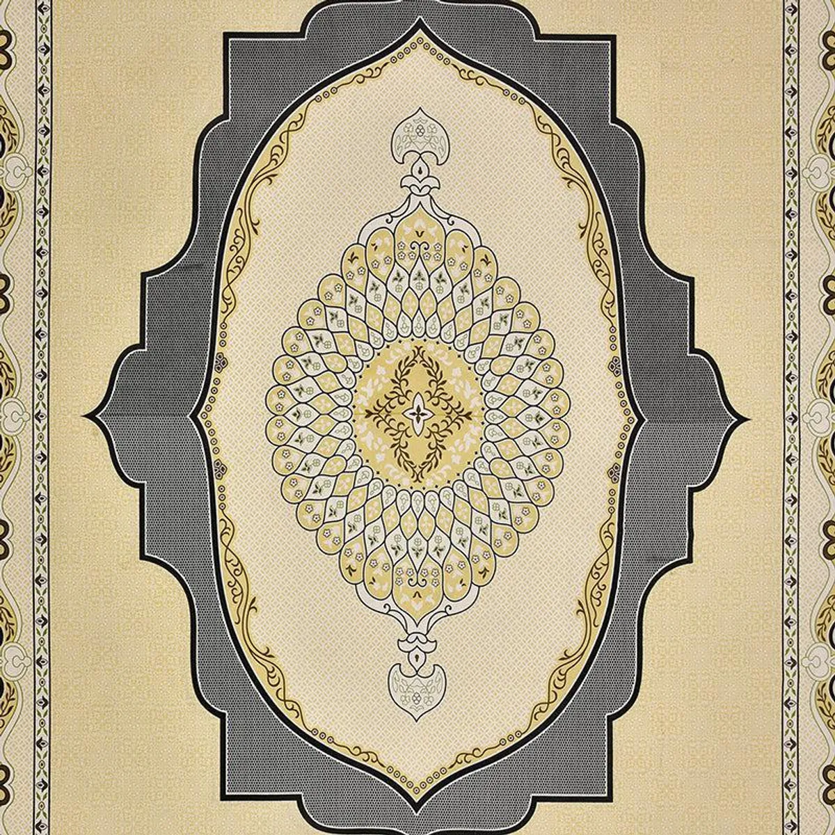 Detailed view of the bedsheet's central ethnic medallion pattern in yellow, black and cream