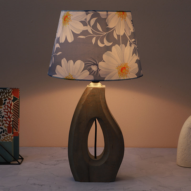 Daisy Blooms Runes Printed Mango Wood Table Lamp - White,Blue,Brown