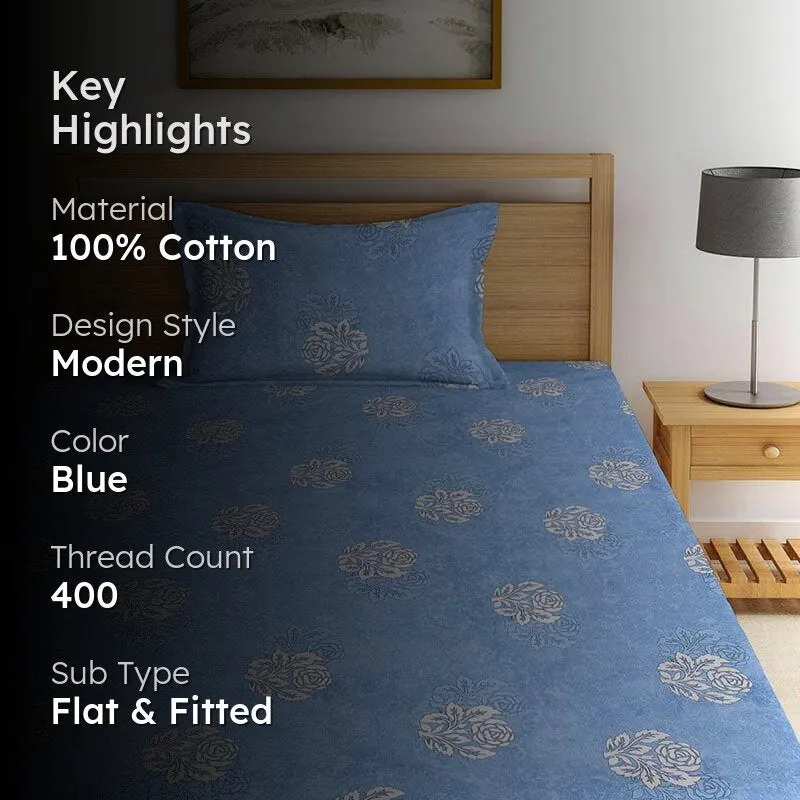 Plum Plume Cotton Bedsheet (Blue) - 400 TC media 2