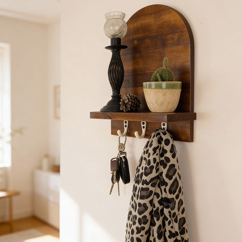 Sthira Wooden Wall Shelf Organiser with Key Holders