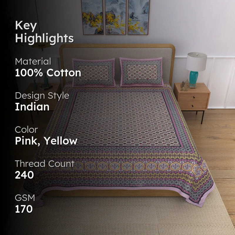Restiq Ethnic Cotton Bedsheet (Pink)- 240 TC media 2
