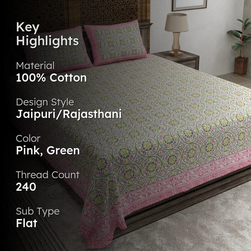 Nesten Cotton Bedsheet (Pink,Green) - 240 TC media 2