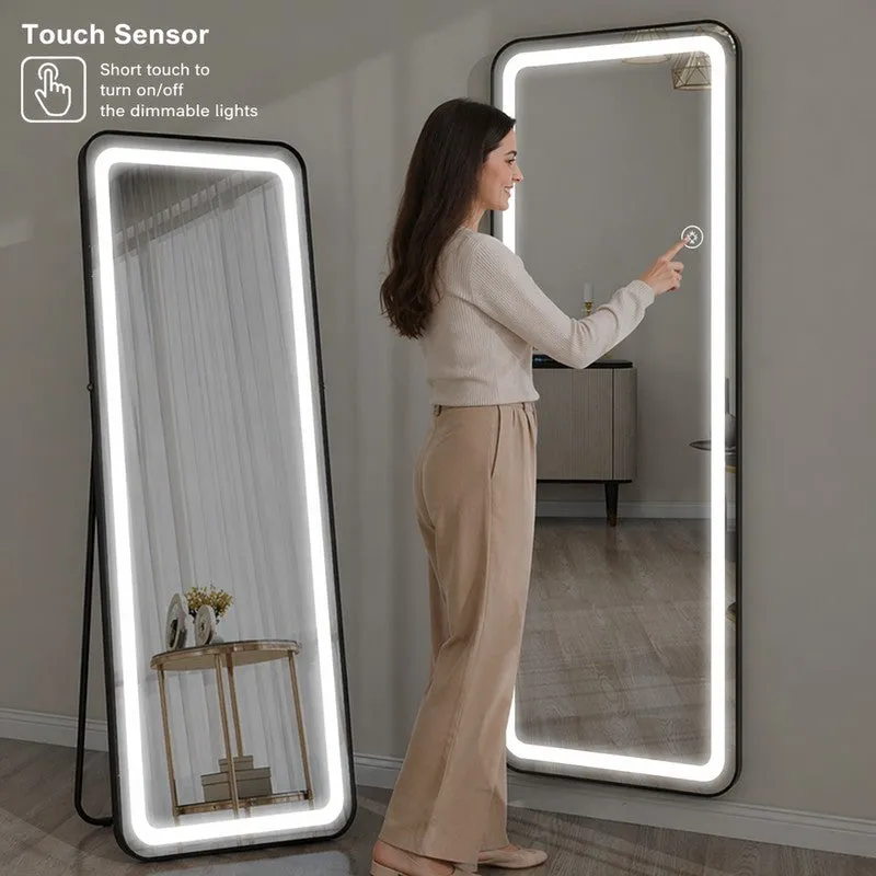 LED mirror shown with a wall-leaning placement against a light wall.