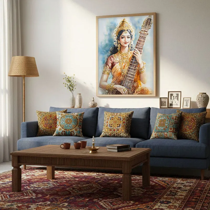 Veena Of Knowledge Spiritual Archival Paper Wall Painting - Natural Brown Frame media 4