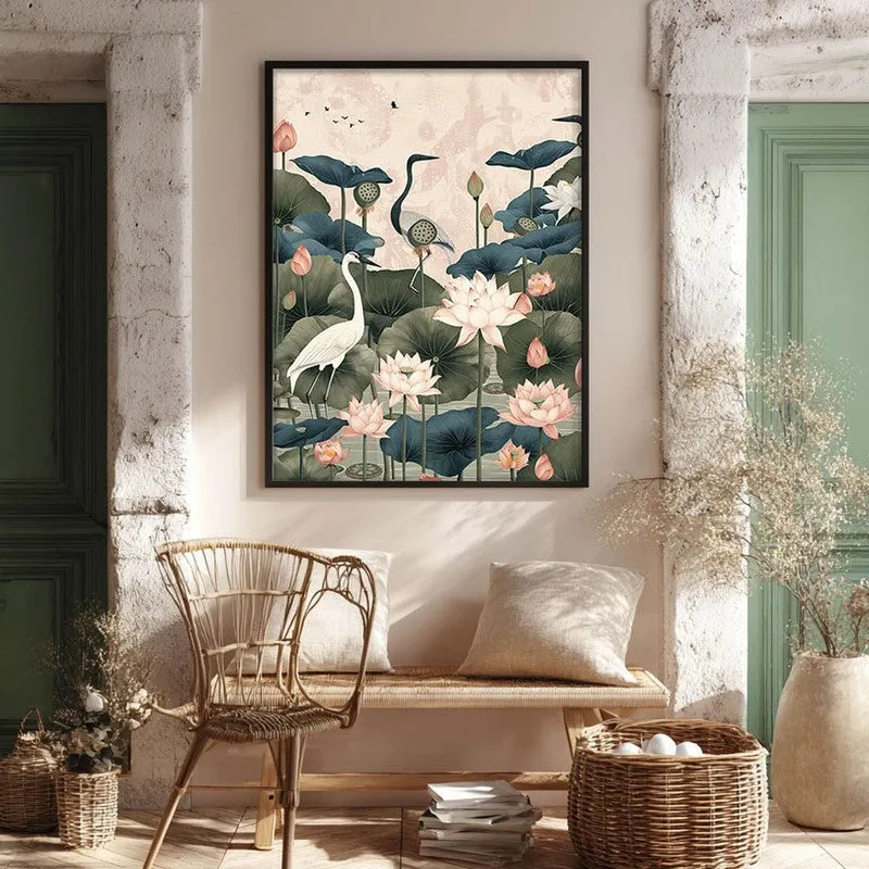 Lotus Garden Birds Canvas Wall Painting With Black Frame media 9