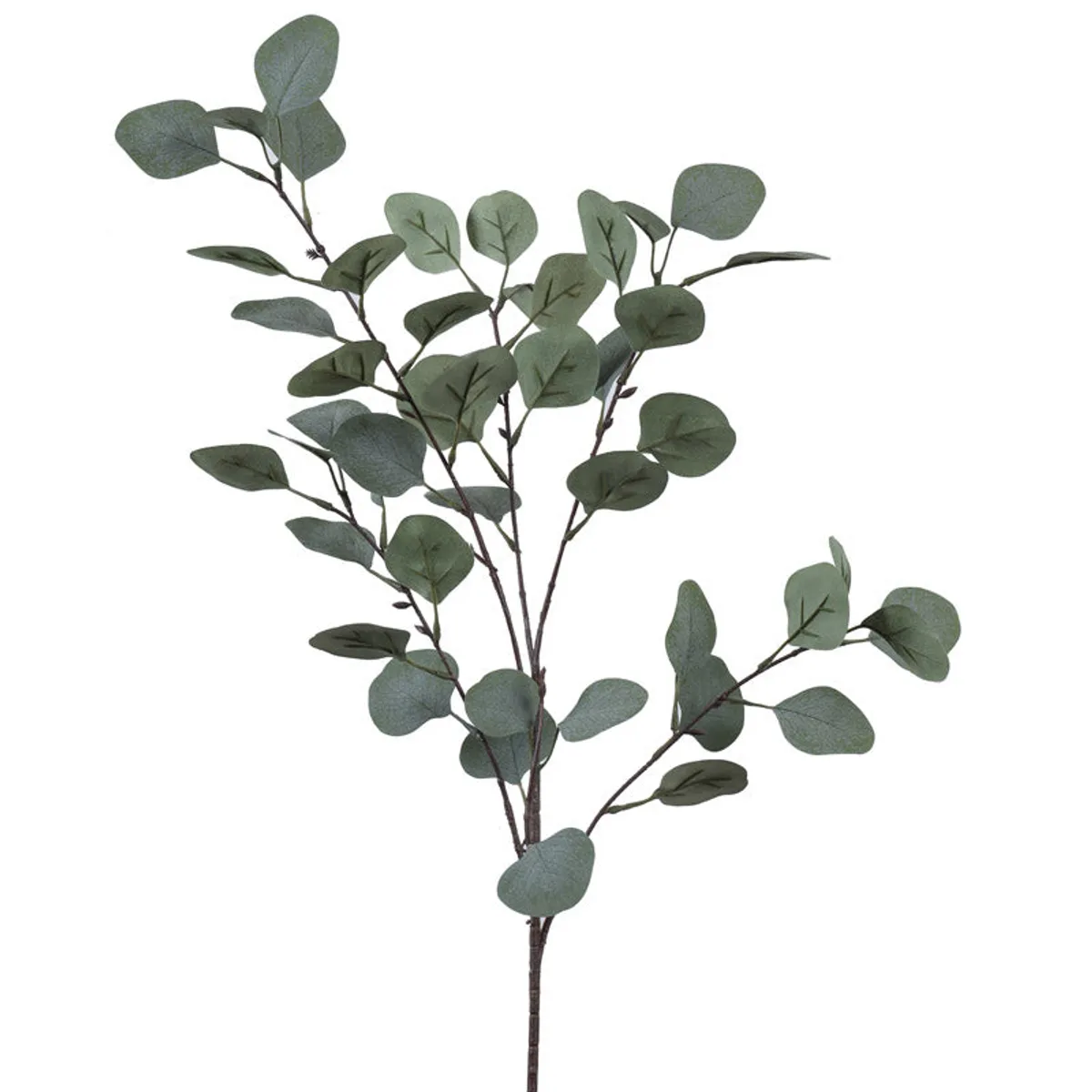 Single faux eucalyptus stick with branching brown stem and rounded green leaves