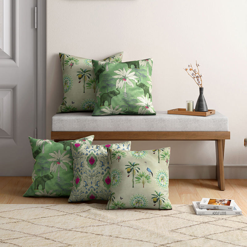 India Circus Tropica Tuskers Printed Velvet Cushion Cover - Set Of Five