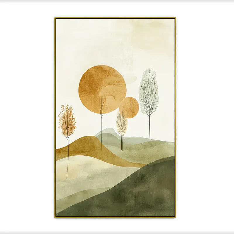 Ochre & Olive Hillside Landscape Canvas Wall Painting With Frame - Gold media 4