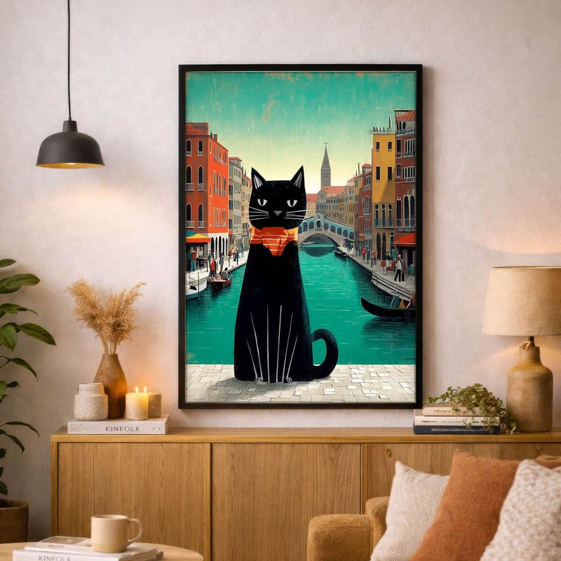 Black Muse Cat Wall Painting With Frame