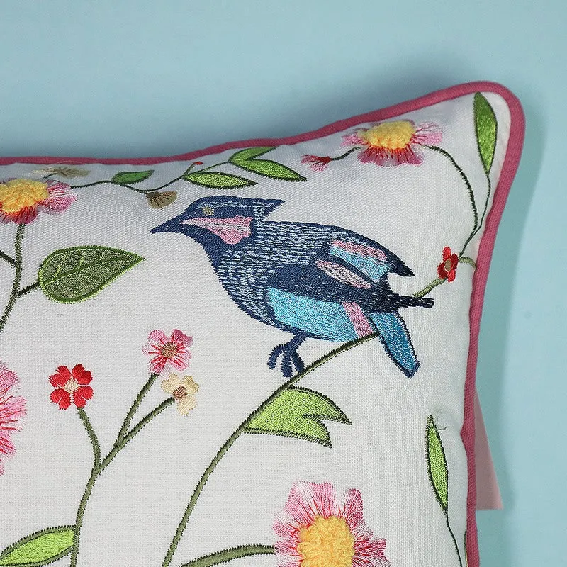 Bluebird Garden Embroidered Cotton Cushion Cover media 4